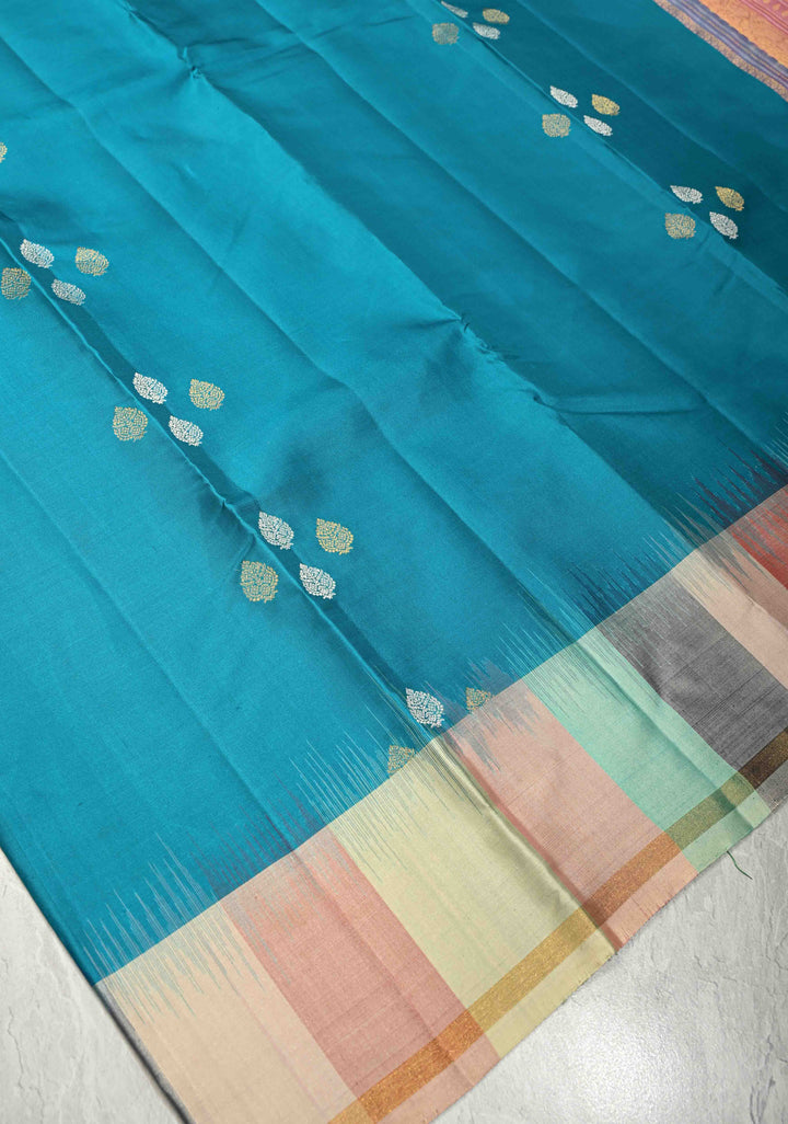 Turquoise Blue Pure Kanjivaram Soft Silk Saree with Gold-Silver Floral Buttas and Rangkaat Style Border | SILK MARK CERTIFIED