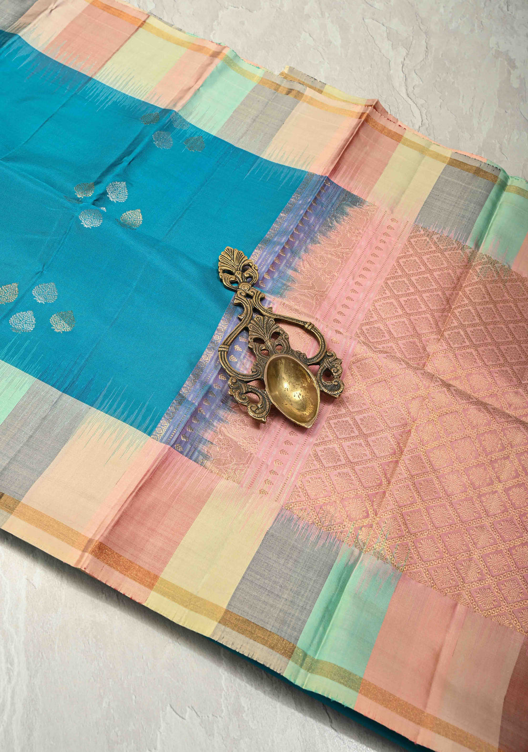 Turquoise Blue Pure Kanjivaram Soft Silk Saree with Gold-Silver Floral Buttas and Rangkaat Style Border | SILK MARK CERTIFIED