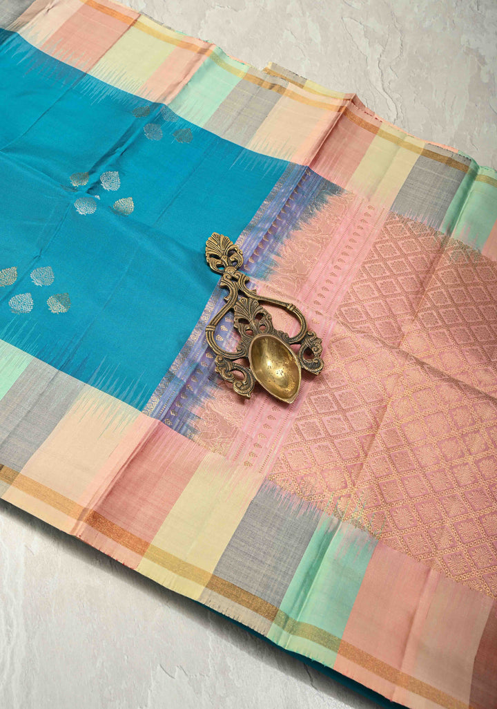 Turquoise Blue Pure Kanjivaram Soft Silk Saree with Gold-Silver Floral Buttas and Rangkaat Style Border | SILK MARK CERTIFIED