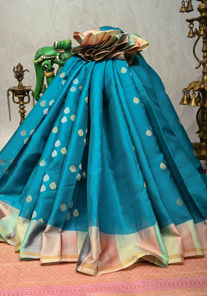 Turquoise Blue Pure Kanjivaram Soft Silk Saree with Gold-Silver Floral Buttas and Rangkaat Style Border | SILK MARK CERTIFIED