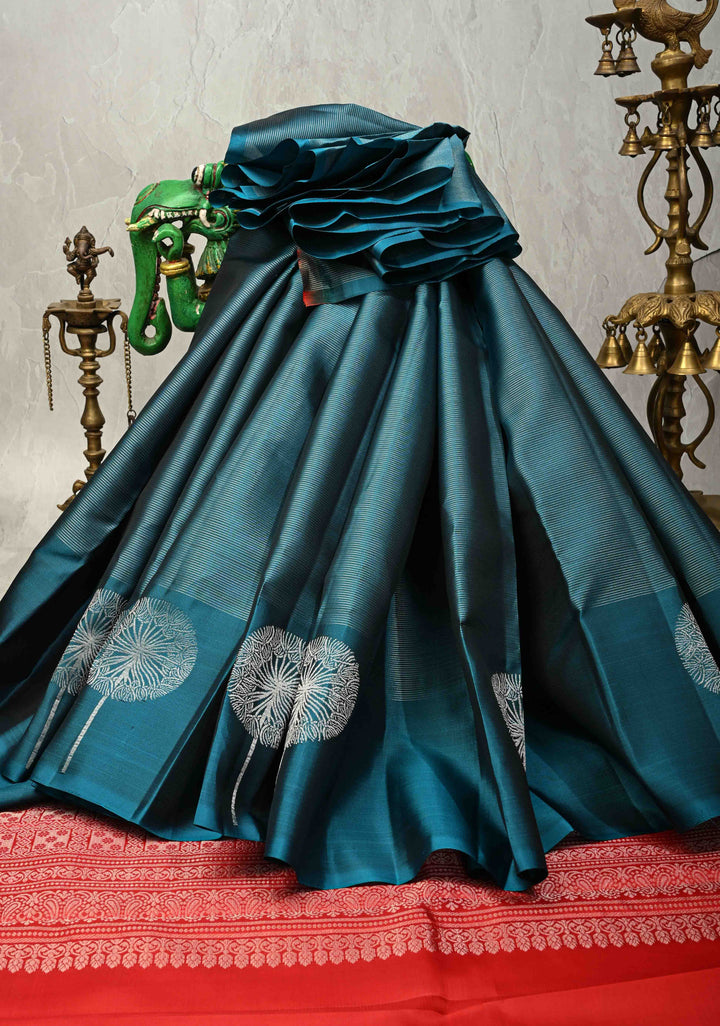 Deep Teal Vairaoosi Silver Zari Stripes on Kanjivaram Soft Silk Saree with Distinct Tree Motifs on Border and Contrast Pallu | SILK MARK CERTIFIED