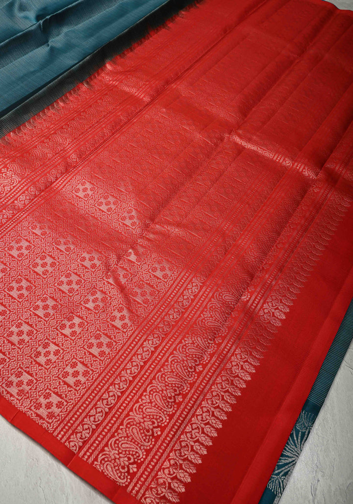 Deep Teal Vairaoosi Silver Zari Stripes on Kanjivaram Soft Silk Saree with Distinct Tree Motifs on Border and Contrast Pallu | SILK MARK CERTIFIED