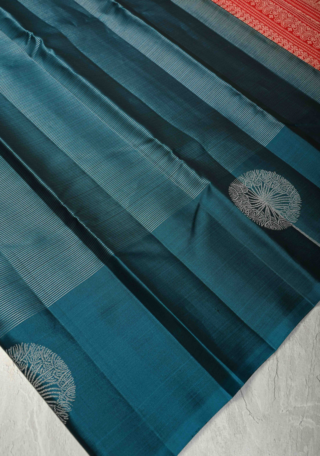 Deep Teal Vairaoosi Silver Zari Stripes on Kanjivaram Soft Silk Saree with Distinct Tree Motifs on Border and Contrast Pallu | SILK MARK CERTIFIED