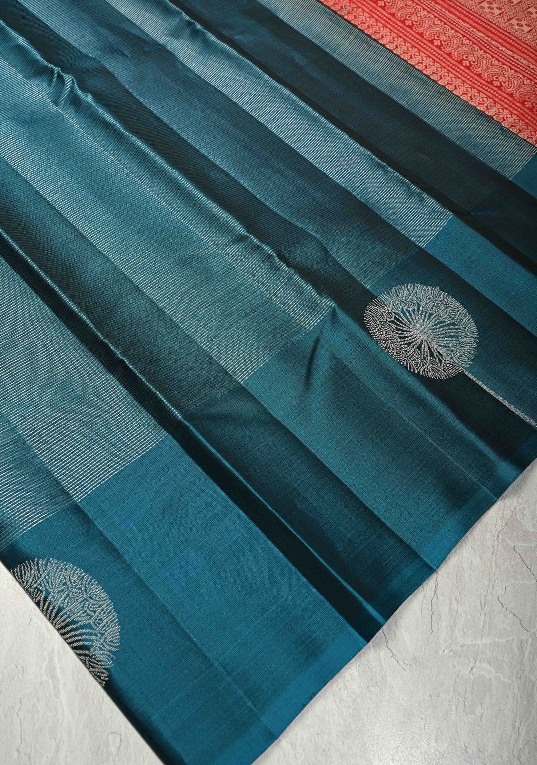 Deep Teal Vairaoosi Silver Zari Stripes on Kanjivaram Soft Silk Saree with Distinct Tree Motifs on Border and Contrast Pallu | SILK MARK CERTIFIED