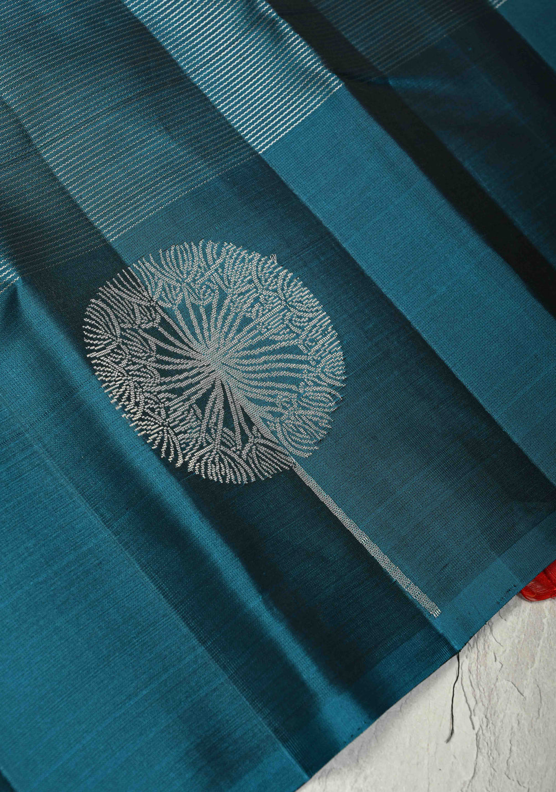 Deep Teal Vairaoosi Silver Zari Stripes on Kanjivaram Soft Silk Saree with Distinct Tree Motifs on Border and Contrast Pallu | SILK MARK CERTIFIED