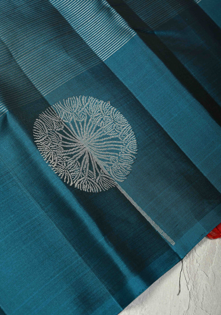 Deep Teal Vairaoosi Silver Zari Stripes on Kanjivaram Soft Silk Saree with Distinct Tree Motifs on Border and Contrast Pallu | SILK MARK CERTIFIED