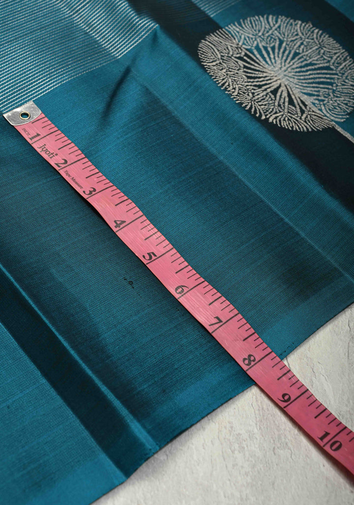 Deep Teal Vairaoosi Silver Zari Stripes on Kanjivaram Soft Silk Saree with Distinct Tree Motifs on Border and Contrast Pallu | SILK MARK CERTIFIED