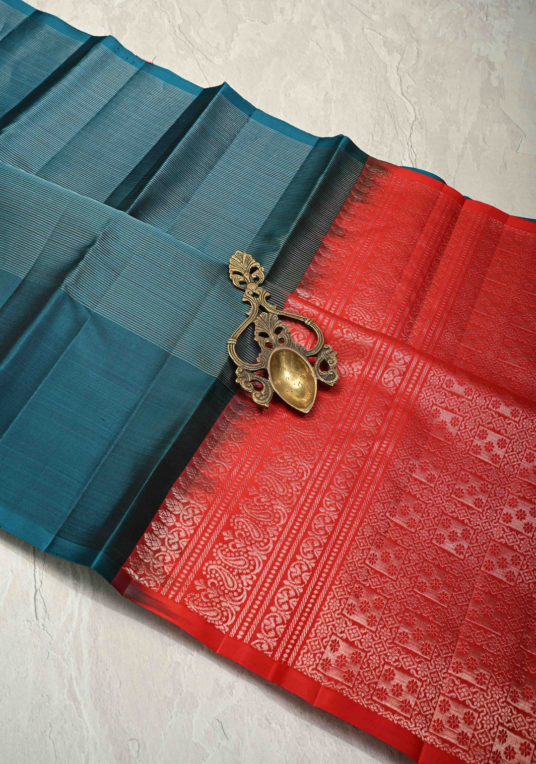 Deep Teal Vairaoosi Silver Zari Stripes on Kanjivaram Soft Silk Saree with Distinct Tree Motifs on Border and Contrast Pallu | SILK MARK CERTIFIED