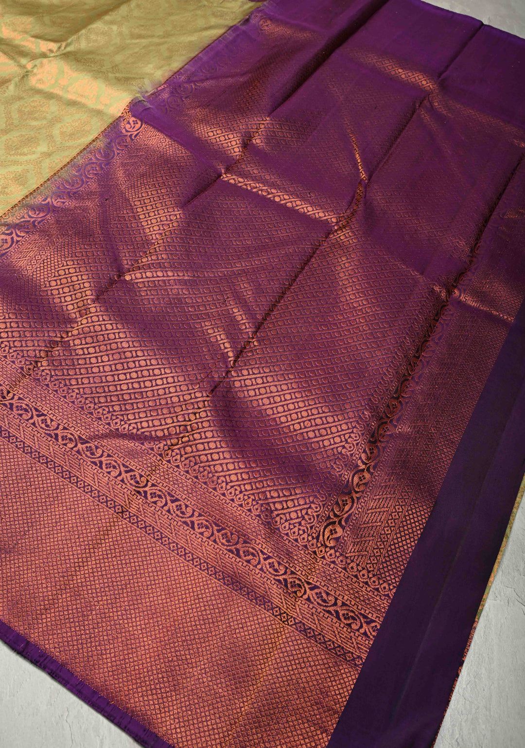 Sage Green Kanjivaram Soft Silk Saree with Brocade Jaal and Contrast Muted Zari Border | SILK MARK CERTIFIED