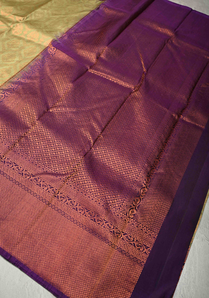 Sage Green Kanjivaram Soft Silk Saree with Brocade Jaal and Contrast Muted Zari Border | SILK MARK CERTIFIED