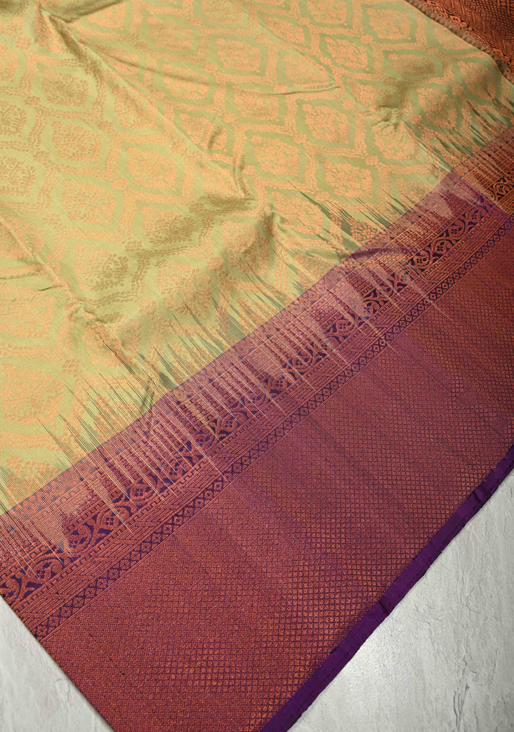 Sage Green Kanjivaram Soft Silk Saree with Brocade Jaal and Contrast Muted Zari Border | SILK MARK CERTIFIED