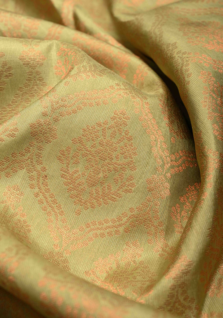 Sage Green Kanjivaram Soft Silk Saree with Brocade Jaal and Contrast Muted Zari Border | SILK MARK CERTIFIED
