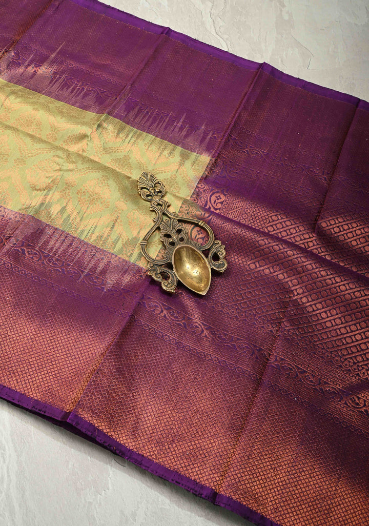 Sage Green Kanjivaram Soft Silk Saree with Brocade Jaal and Contrast Muted Zari Border | SILK MARK CERTIFIED