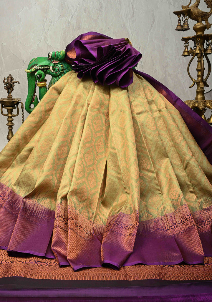 Sage Green Kanjivaram Soft Silk Saree with Brocade Jaal and Contrast Muted Zari Border | SILK MARK CERTIFIED