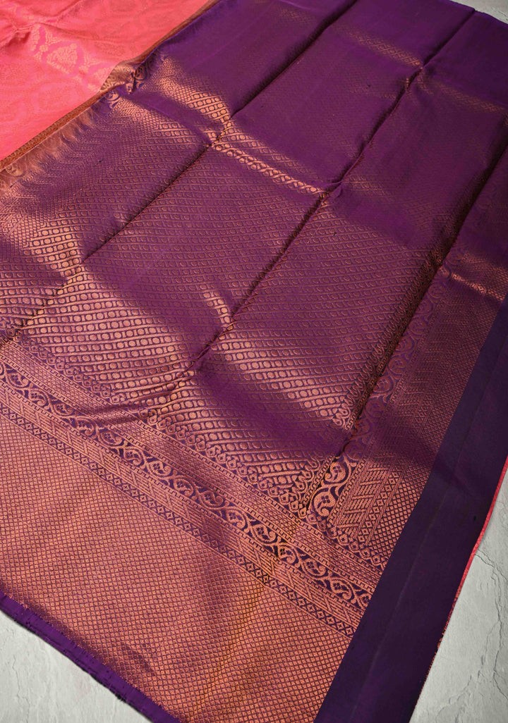 Bright Pink Kanjivaram Soft Silk Saree with Brocade Jaal and Contrast Purple Muted Zari Border | SILK MARK CERTIFIED