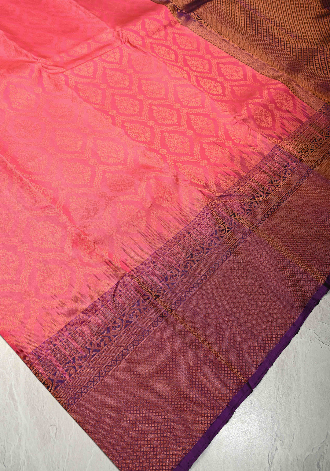 Bright Pink Kanjivaram Soft Silk Saree with Brocade Jaal and Contrast Purple Muted Zari Border | SILK MARK CERTIFIED