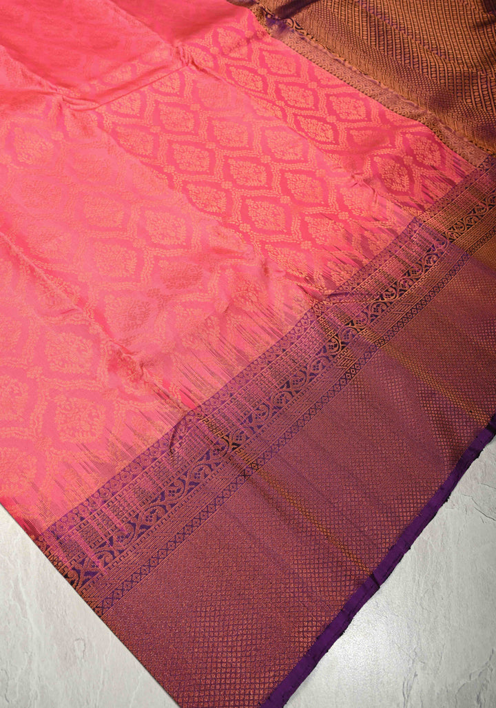 Bright Pink Kanjivaram Soft Silk Saree with Brocade Jaal and Contrast Purple Muted Zari Border | SILK MARK CERTIFIED