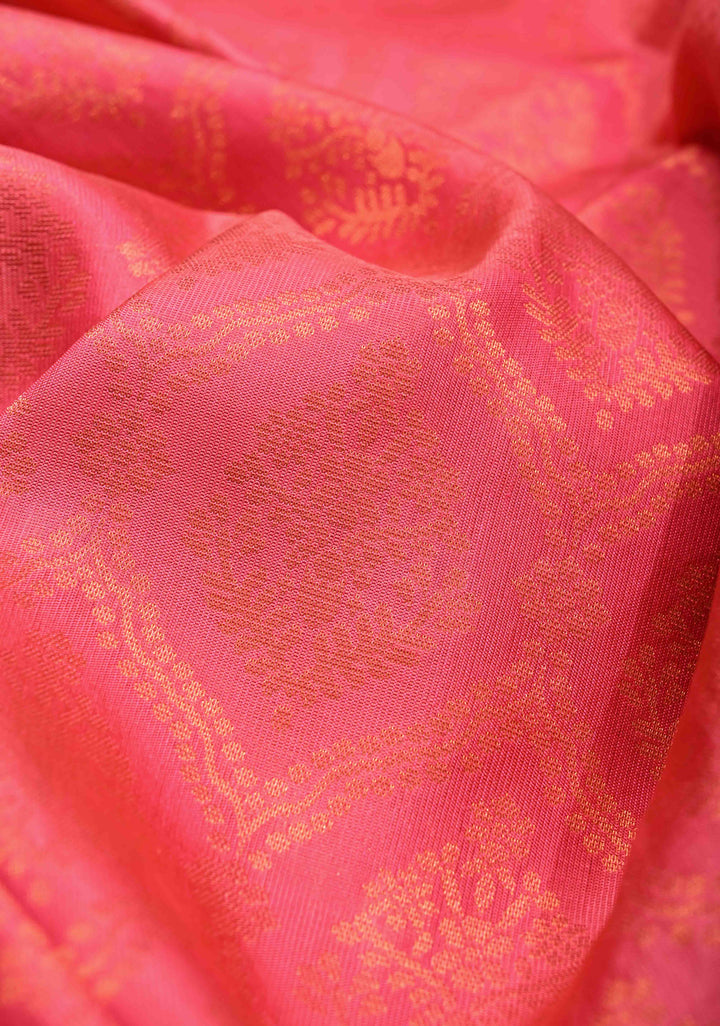 Bright Pink Kanjivaram Soft Silk Saree with Brocade Jaal and Contrast Purple Muted Zari Border | SILK MARK CERTIFIED