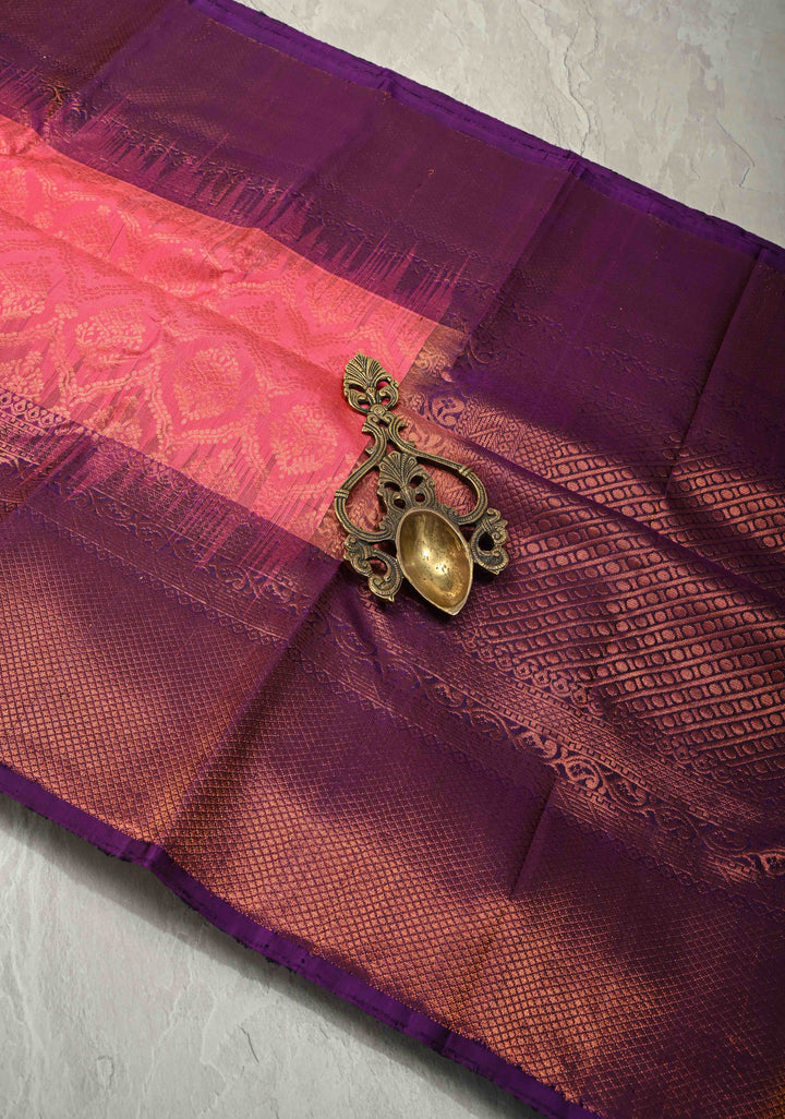 Bright Pink Kanjivaram Soft Silk Saree with Brocade Jaal and Contrast Purple Muted Zari Border | SILK MARK CERTIFIED
