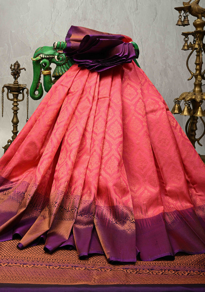Bright Pink Kanjivaram Soft Silk Saree with Brocade Jaal and Contrast Purple Muted Zari Border | SILK MARK CERTIFIED