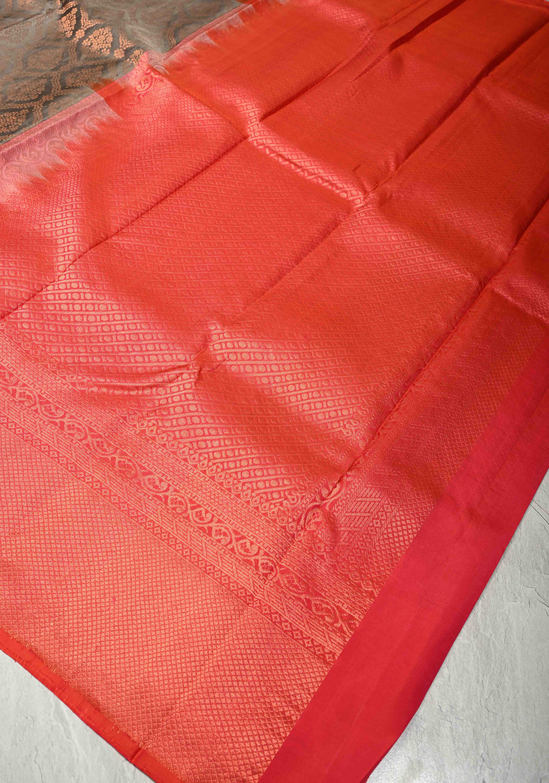 Gray Kanjivaram Soft Silk Saree with Brocade Jaal and Contrast Coral Peach Muted Zari Border | SILK MARK CERTIFIED