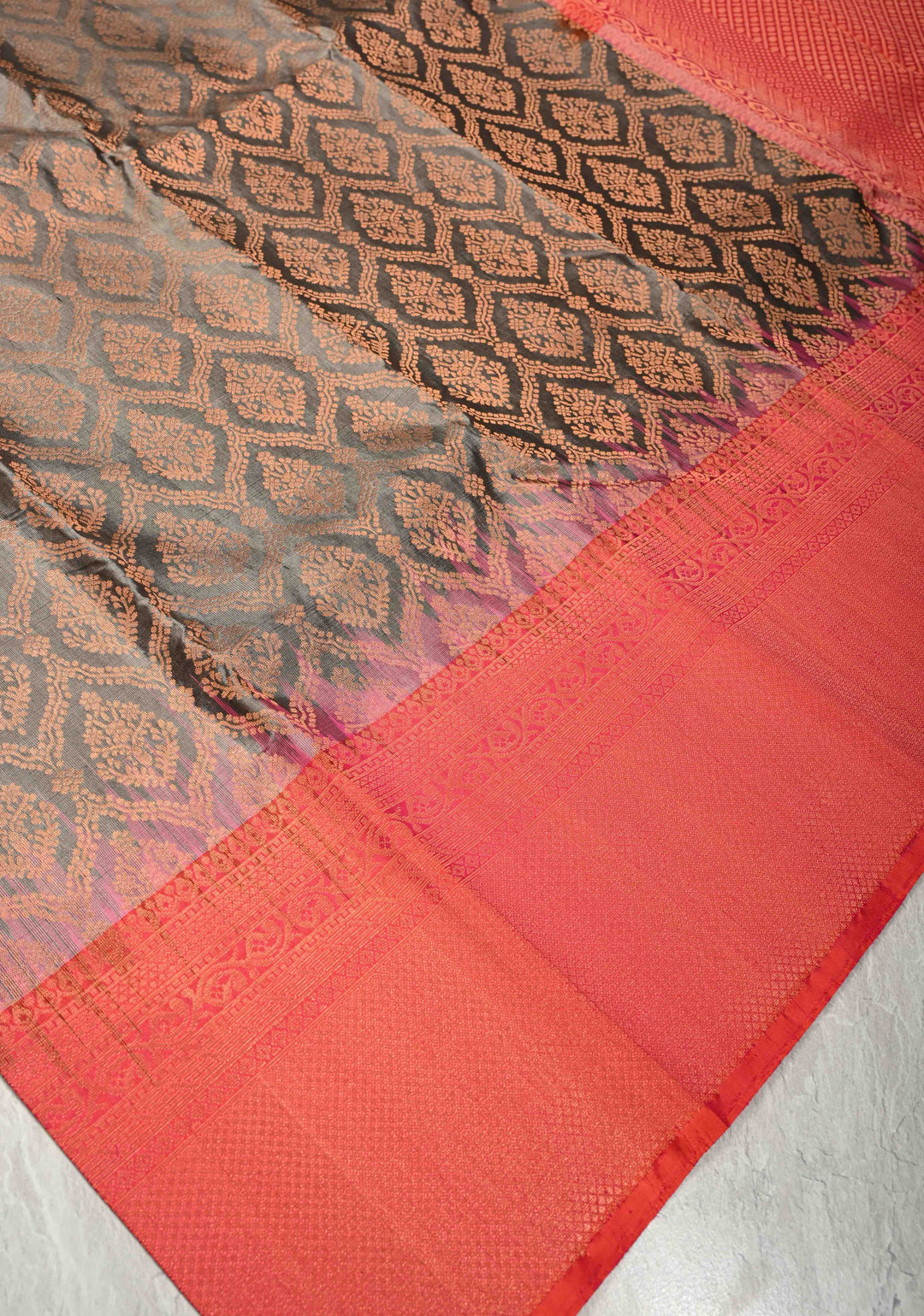 Gray Kanjivaram Soft Silk Saree with Brocade Jaal and Contrast Coral Peach Muted Zari Border | SILK MARK CERTIFIED