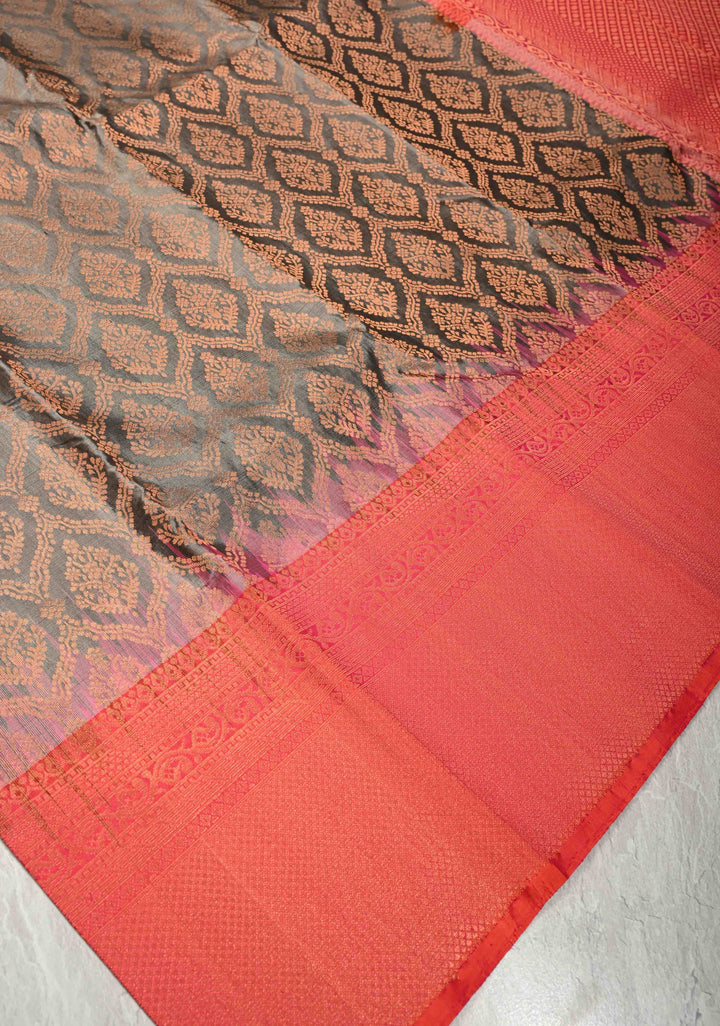 Gray Kanjivaram Soft Silk Saree with Brocade Jaal and Contrast Coral Peach Muted Zari Border | SILK MARK CERTIFIED