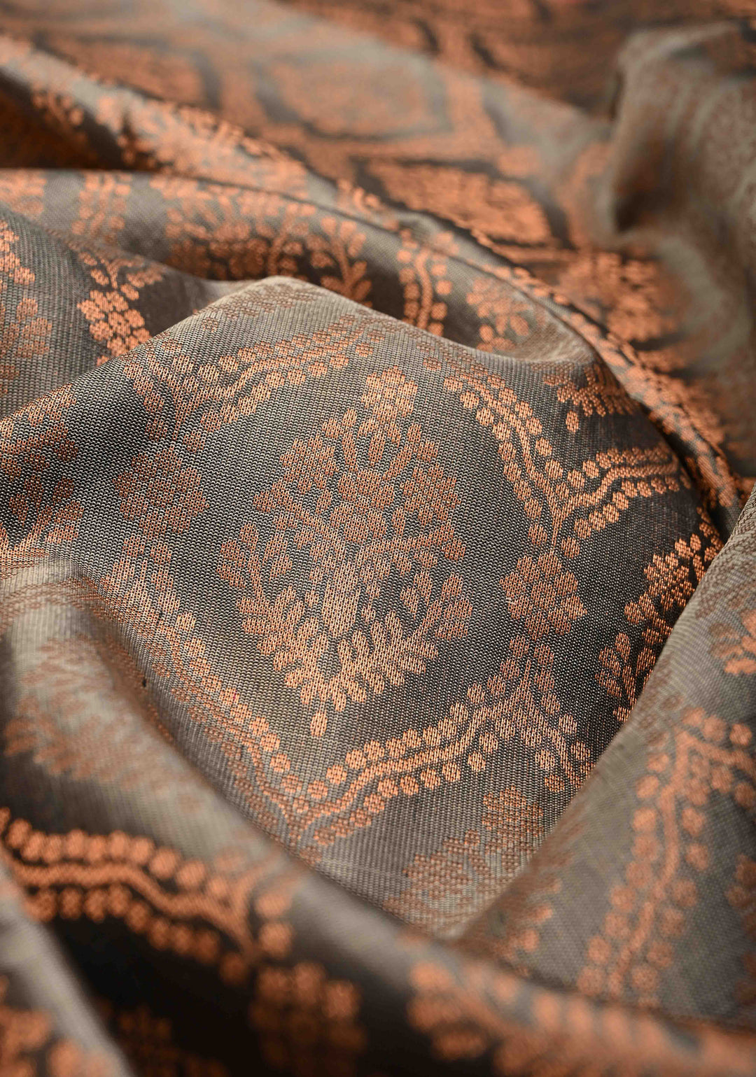 Gray Kanjivaram Soft Silk Saree with Brocade Jaal and Contrast Coral Peach Muted Zari Border | SILK MARK CERTIFIED