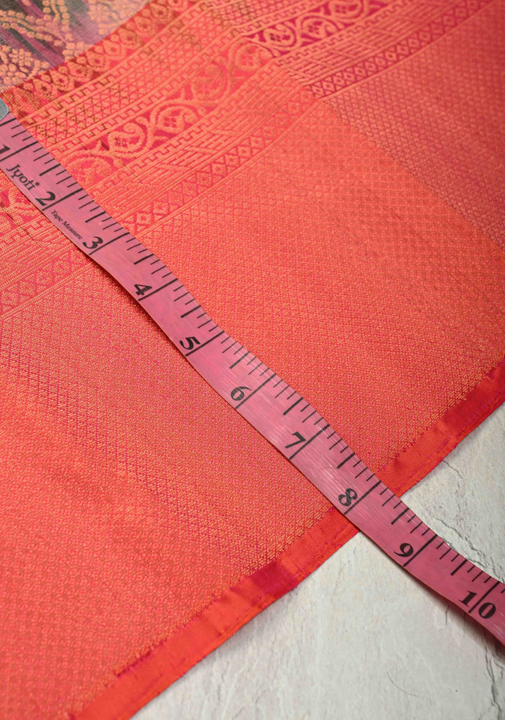 Gray Kanjivaram Soft Silk Saree with Brocade Jaal and Contrast Coral Peach Muted Zari Border | SILK MARK CERTIFIED