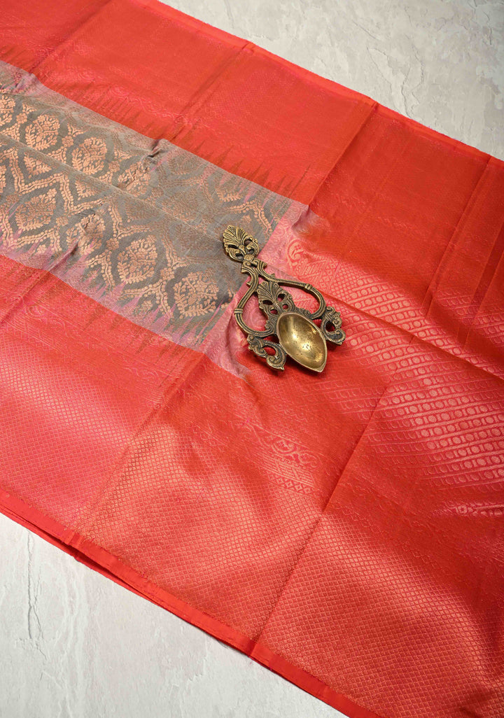 Gray Kanjivaram Soft Silk Saree with Brocade Jaal and Contrast Coral Peach Muted Zari Border | SILK MARK CERTIFIED