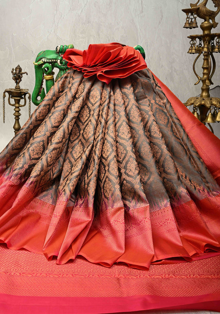 Gray Kanjivaram Soft Silk Saree with Brocade Jaal and Contrast Coral Peach Muted Zari Border | SILK MARK CERTIFIED