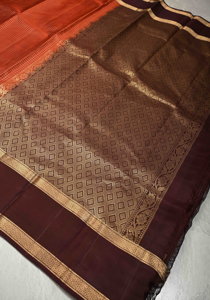 Rust Orange Podi-Kattam Zari Checks on Pure Kanjivaram Soft Silk Saree with Coffee Brown Rettiapet Zari Border | SILK MARK CERTIFIED