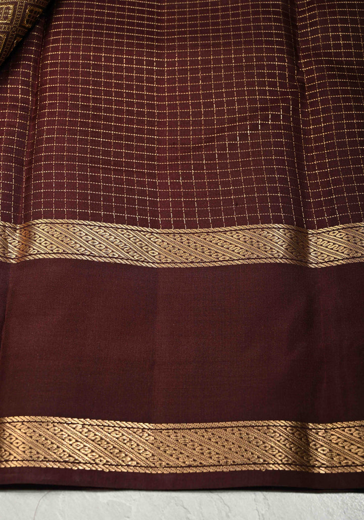 Rust Orange Podi-Kattam Zari Checks on Pure Kanjivaram Soft Silk Saree with Coffee Brown Rettiapet Zari Border | SILK MARK CERTIFIED