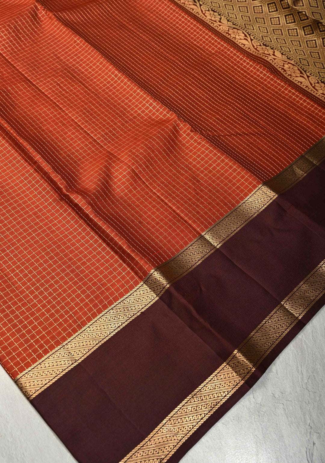 Rust Orange Podi-Kattam Zari Checks on Pure Kanjivaram Soft Silk Saree with Coffee Brown Rettiapet Zari Border | SILK MARK CERTIFIED