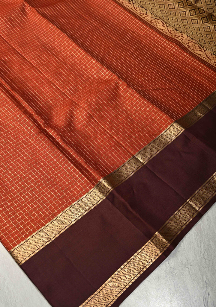 Rust Orange Podi-Kattam Zari Checks on Pure Kanjivaram Soft Silk Saree with Coffee Brown Rettiapet Zari Border | SILK MARK CERTIFIED