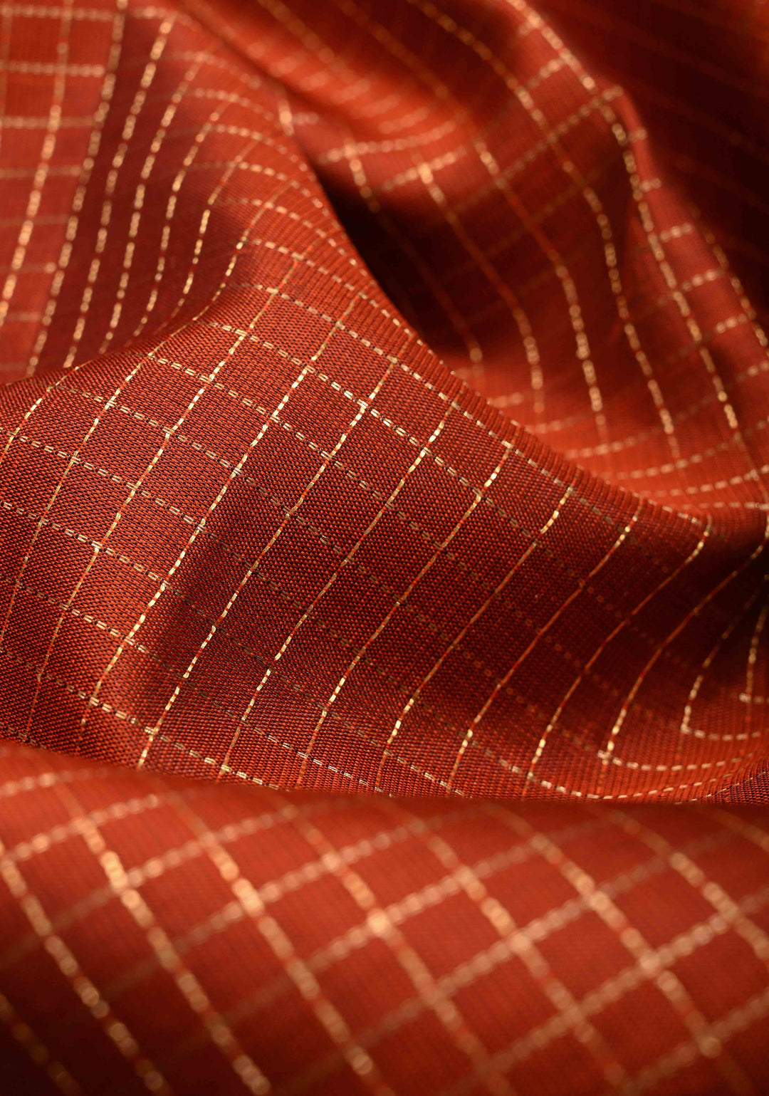 Rust Orange Podi-Kattam Zari Checks on Pure Kanjivaram Soft Silk Saree with Coffee Brown Rettiapet Zari Border | SILK MARK CERTIFIED