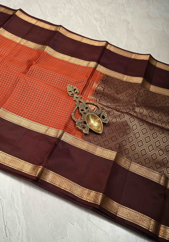 Rust Orange Podi-Kattam Zari Checks on Pure Kanjivaram Soft Silk Saree with Coffee Brown Rettiapet Zari Border | SILK MARK CERTIFIED