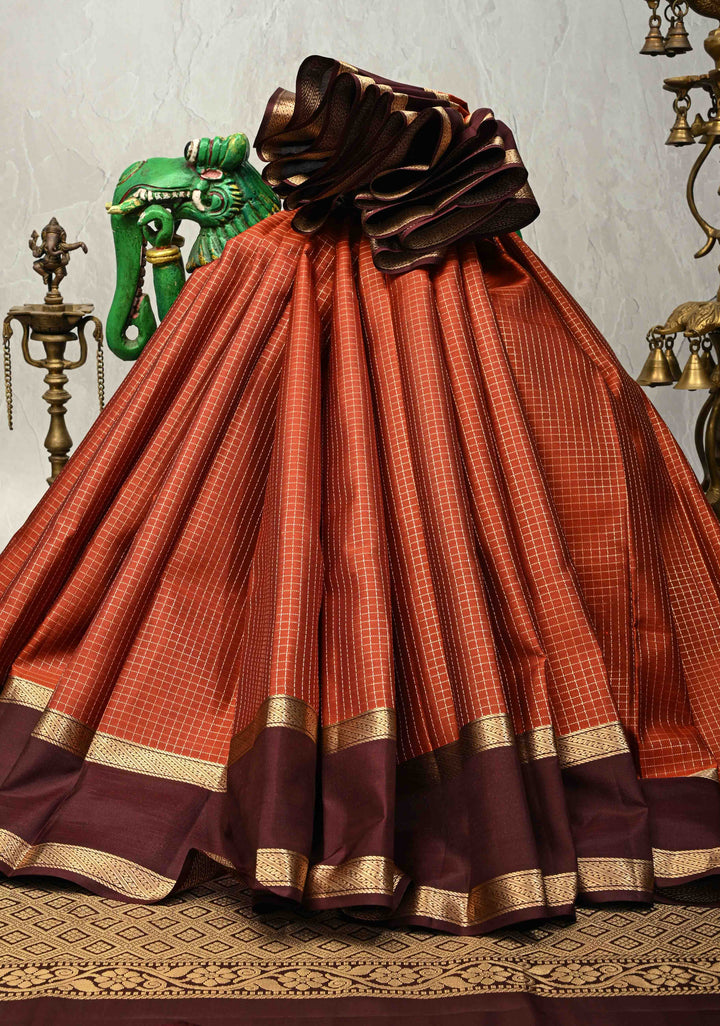 Rust Orange Podi-Kattam Zari Checks on Pure Kanjivaram Soft Silk Saree with Coffee Brown Rettiapet Zari Border | SILK MARK CERTIFIED