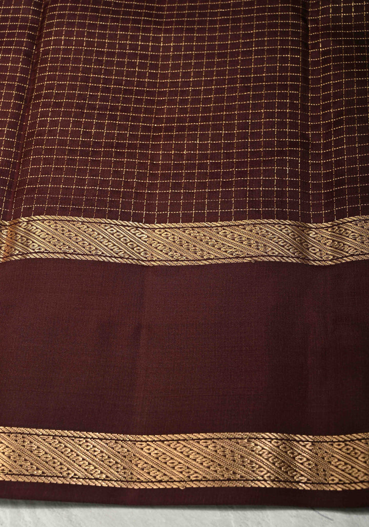 Rama Green Dual tone Podi-Kattam Zari Checks on Pure Kanjivaram Soft Silk Saree with Contrast Coffee Brown Rettiapet Zari Border | SILK MARK CERTIFIED