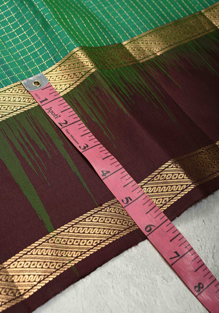 Rama Green Dual tone Podi-Kattam Zari Checks on Pure Kanjivaram Soft Silk Saree with Contrast Coffee Brown Rettiapet Zari Border | SILK MARK CERTIFIED