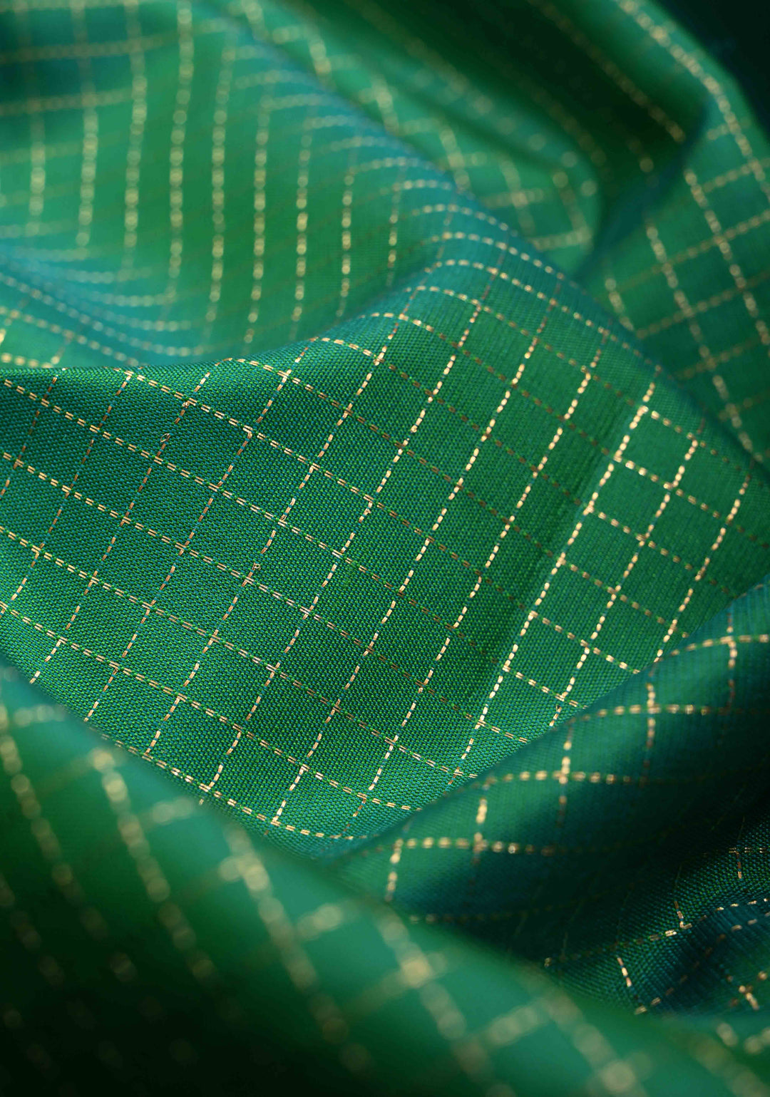 Rama Green Dual tone Podi-Kattam Zari Checks on Pure Kanjivaram Soft Silk Saree with Contrast Coffee Brown Rettiapet Zari Border | SILK MARK CERTIFIED