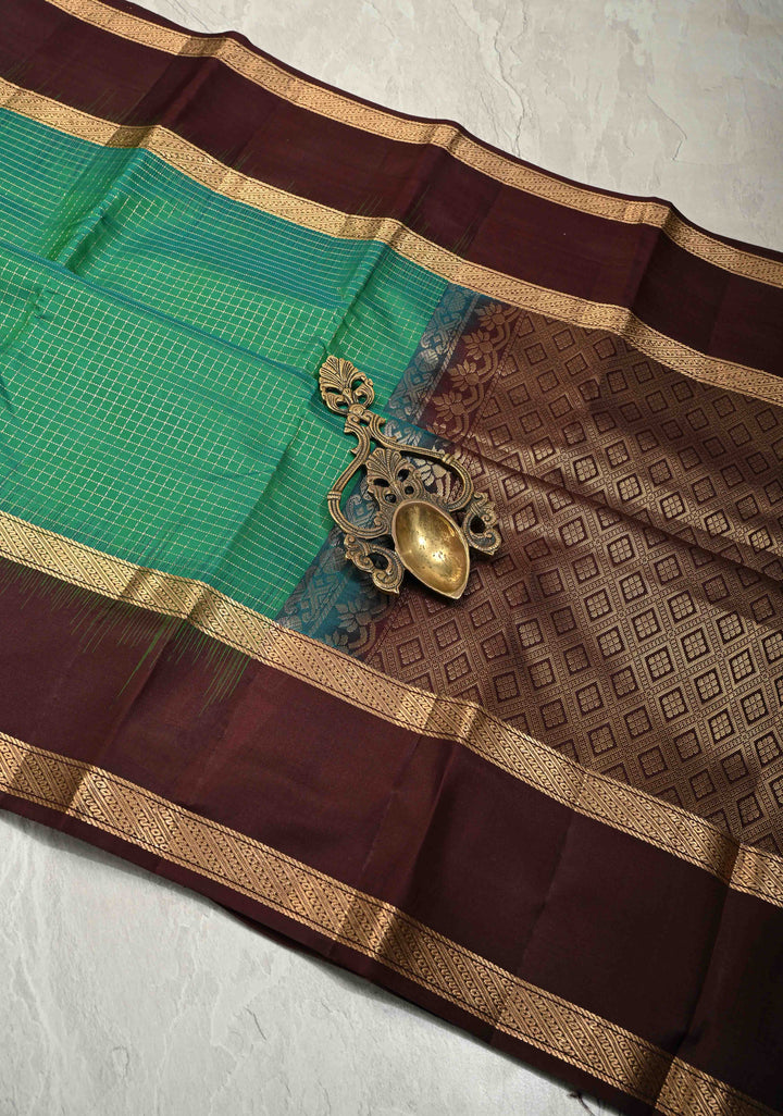 Rama Green Dual tone Podi-Kattam Zari Checks on Pure Kanjivaram Soft Silk Saree with Contrast Coffee Brown Rettiapet Zari Border | SILK MARK CERTIFIED