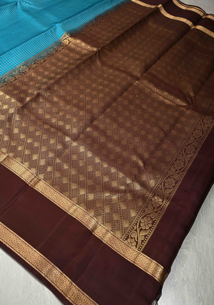 Ananda Blue Podi-Kattam Zari Checks on Pure Kanjivaram Soft Silk Saree with Coffee Brown Rettiapet Zari Border | SILK MARK CERTIFIED