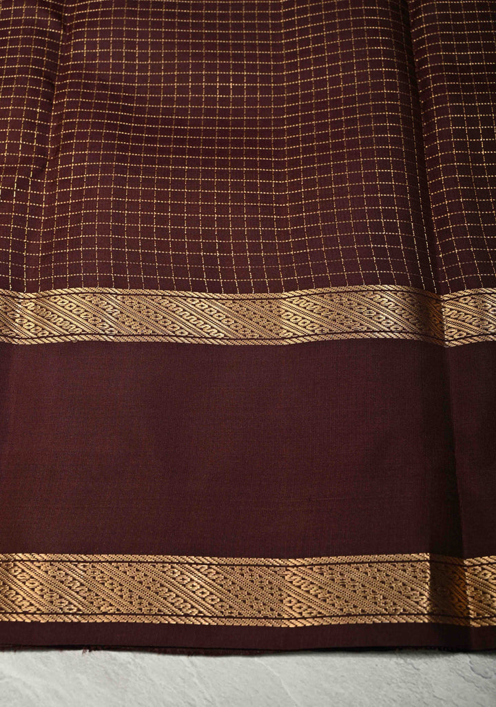 Ananda Blue Podi-Kattam Zari Checks on Pure Kanjivaram Soft Silk Saree with Coffee Brown Rettiapet Zari Border | SILK MARK CERTIFIED
