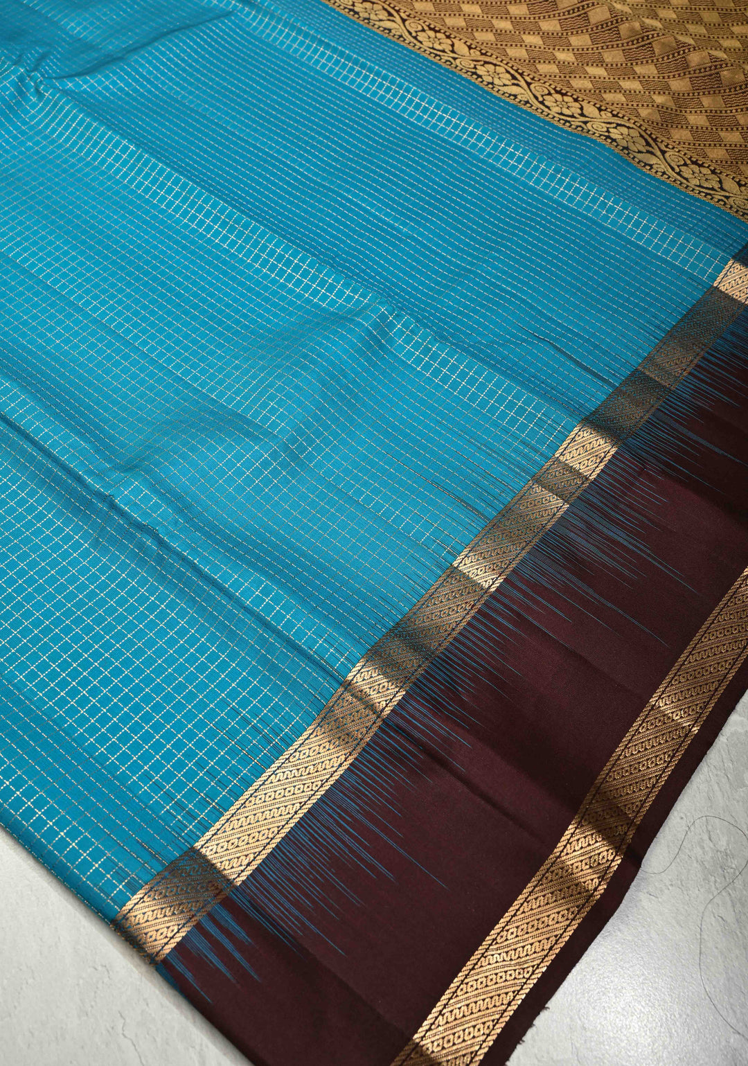 Ananda Blue Podi-Kattam Zari Checks on Pure Kanjivaram Soft Silk Saree with Coffee Brown Rettiapet Zari Border | SILK MARK CERTIFIED