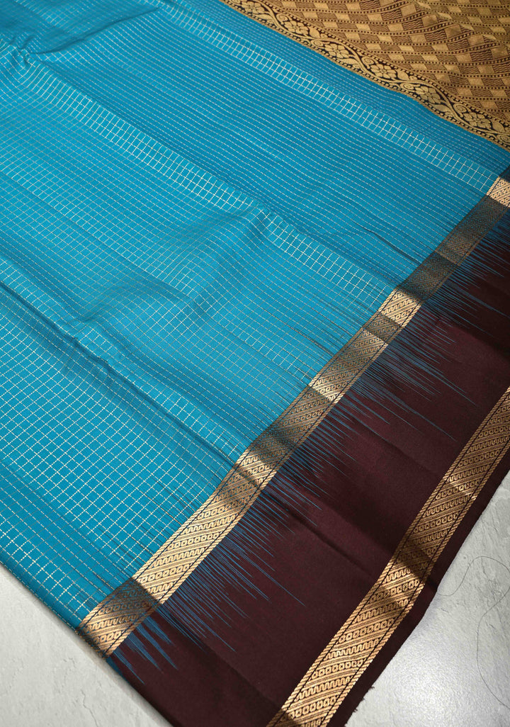 Ananda Blue Podi-Kattam Zari Checks on Pure Kanjivaram Soft Silk Saree with Coffee Brown Rettiapet Zari Border | SILK MARK CERTIFIED