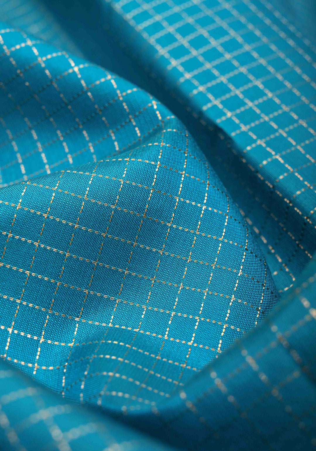 Ananda Blue Podi-Kattam Zari Checks on Pure Kanjivaram Soft Silk Saree with Coffee Brown Rettiapet Zari Border | SILK MARK CERTIFIED