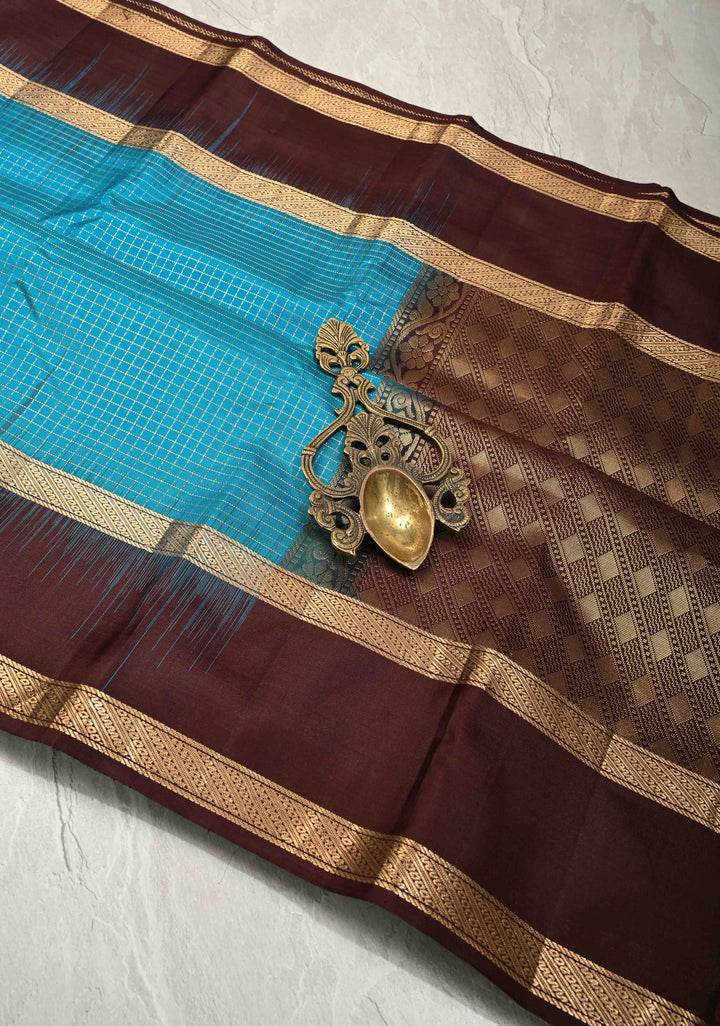 Ananda Blue Podi-Kattam Zari Checks on Pure Kanjivaram Soft Silk Saree with Coffee Brown Rettiapet Zari Border | SILK MARK CERTIFIED