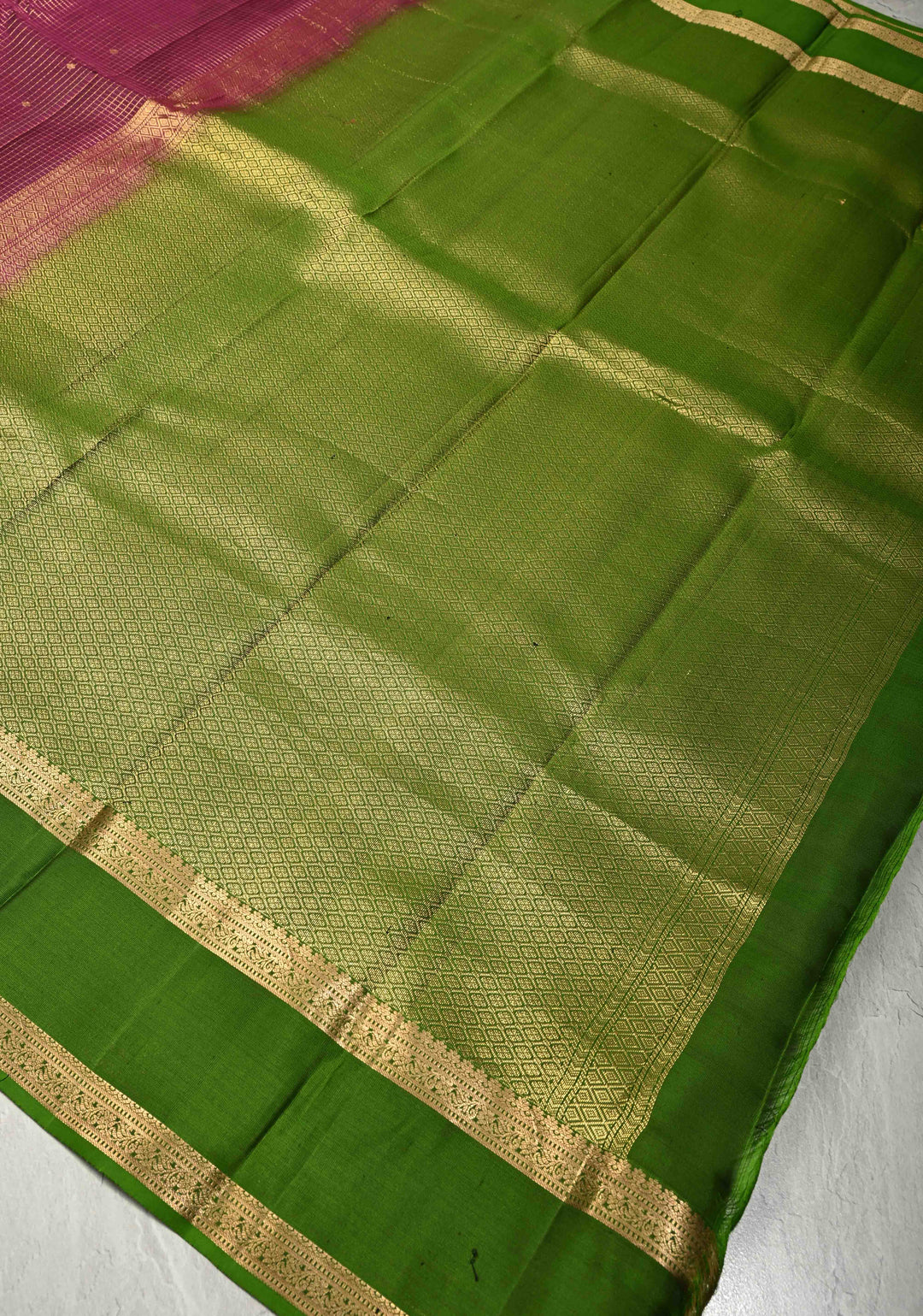 Jamuni Purple Podi-Kattam Zari Checks on Pure Kanjivaram Soft Silk Saree with Chunri Buttis and Leaf Green Rettiapet Zari Border | SILK MARK CERTIFIED