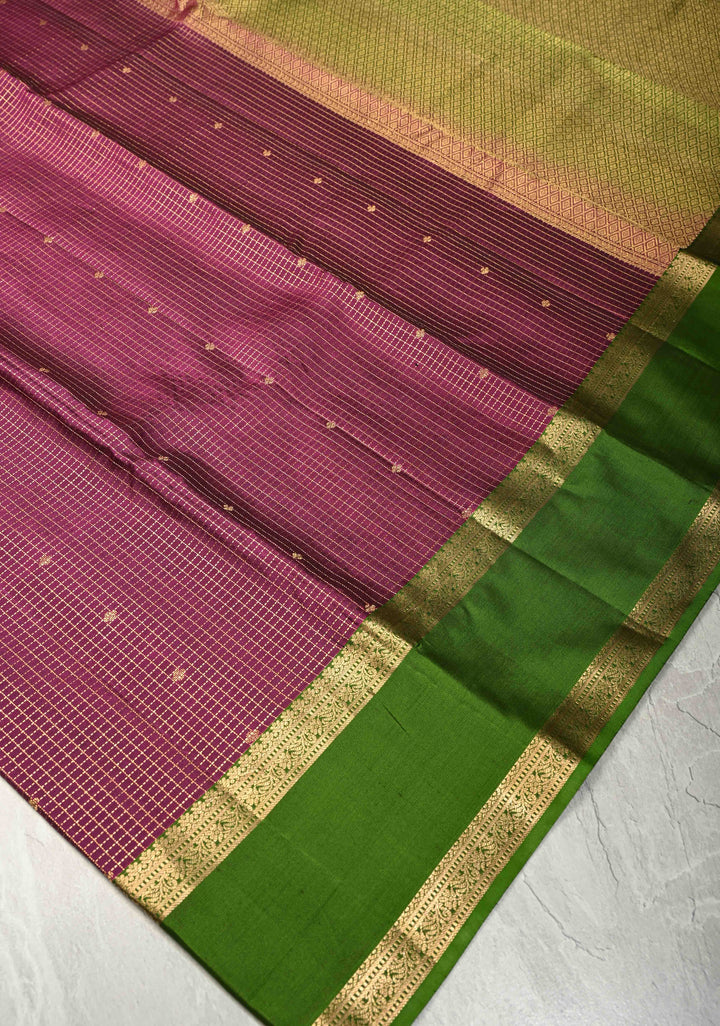 Jamuni Purple Podi-Kattam Zari Checks on Pure Kanjivaram Soft Silk Saree with Chunri Buttis and Leaf Green Rettiapet Zari Border | SILK MARK CERTIFIED